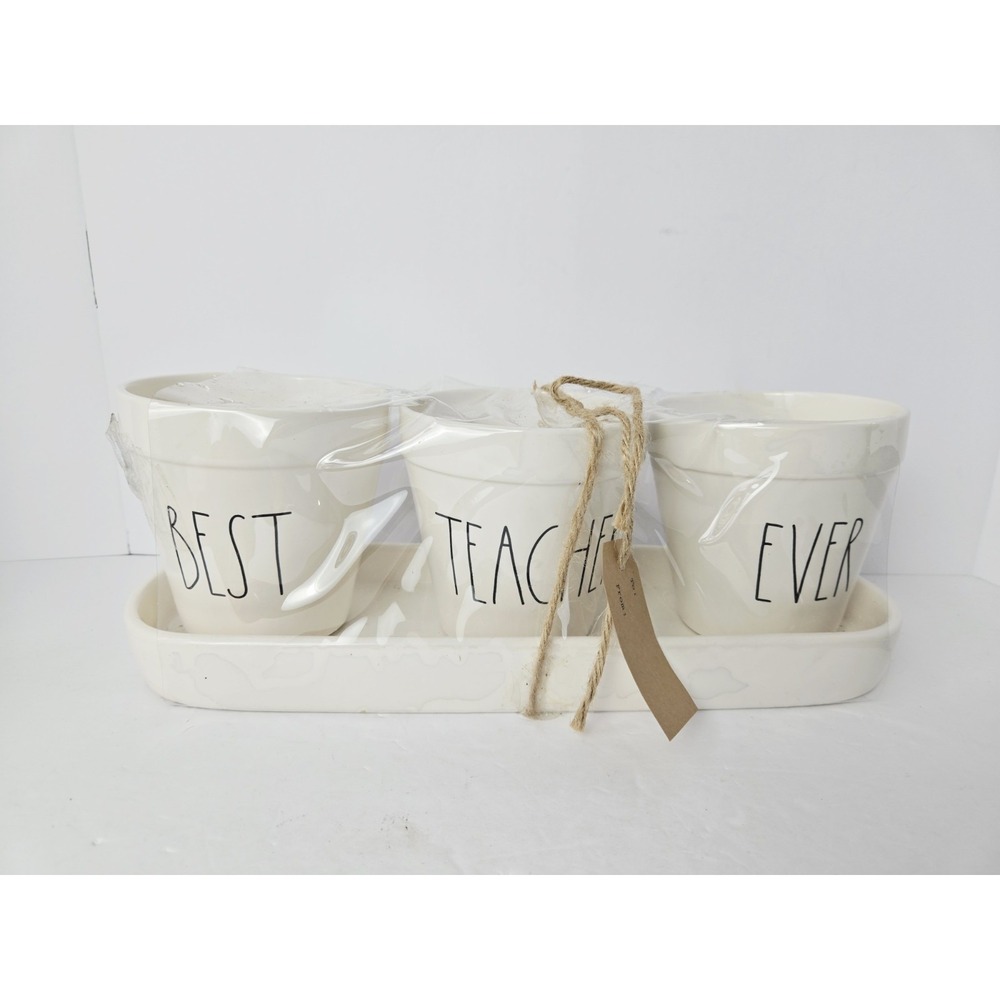 Rae Dunn Best Teacher Ever Planter Pots Set of 3 with Tray Ceramic NEW School